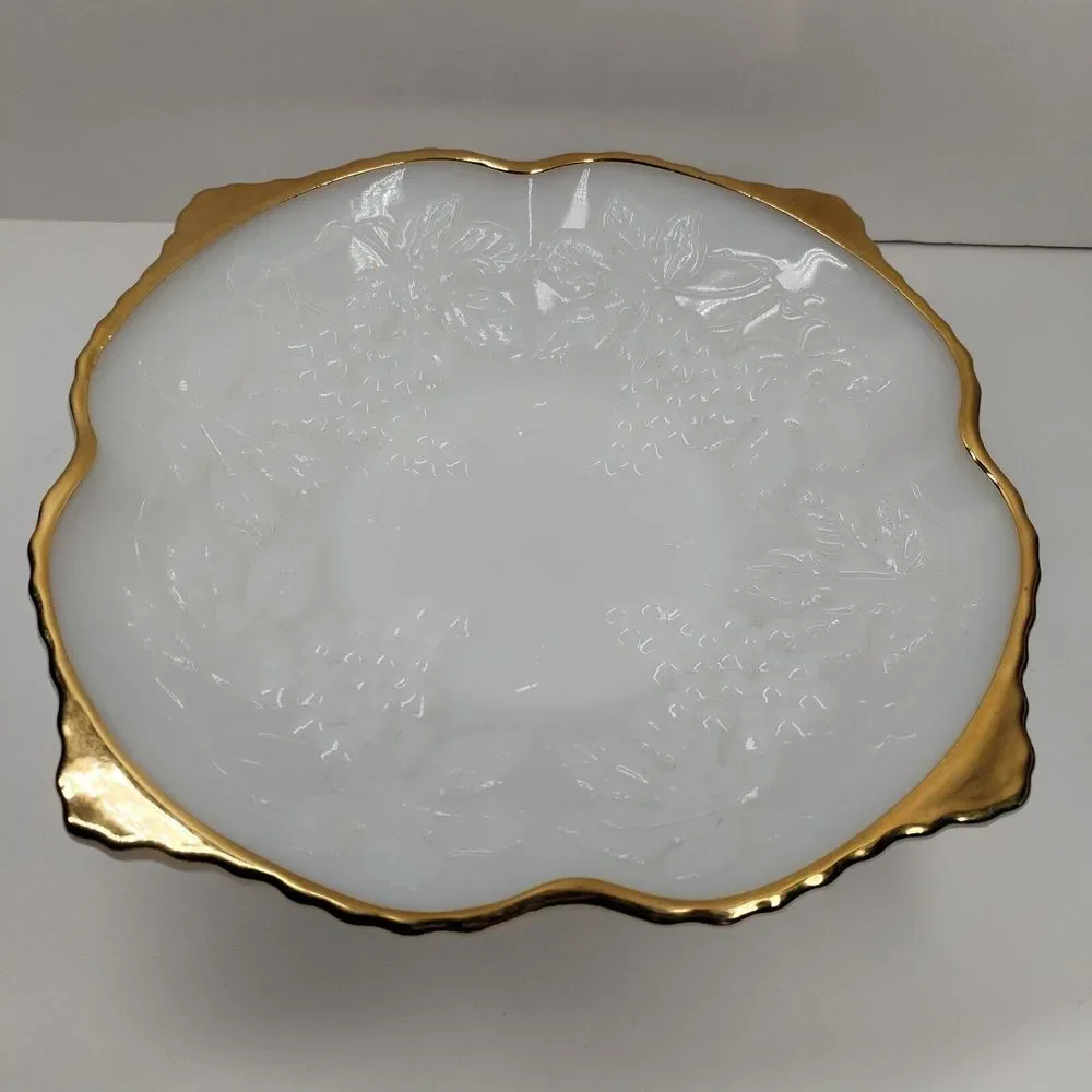 Anchor‎ Hocking Grape Leaves Milk Glass Low Pedestel Square Bowl With Gold Trim